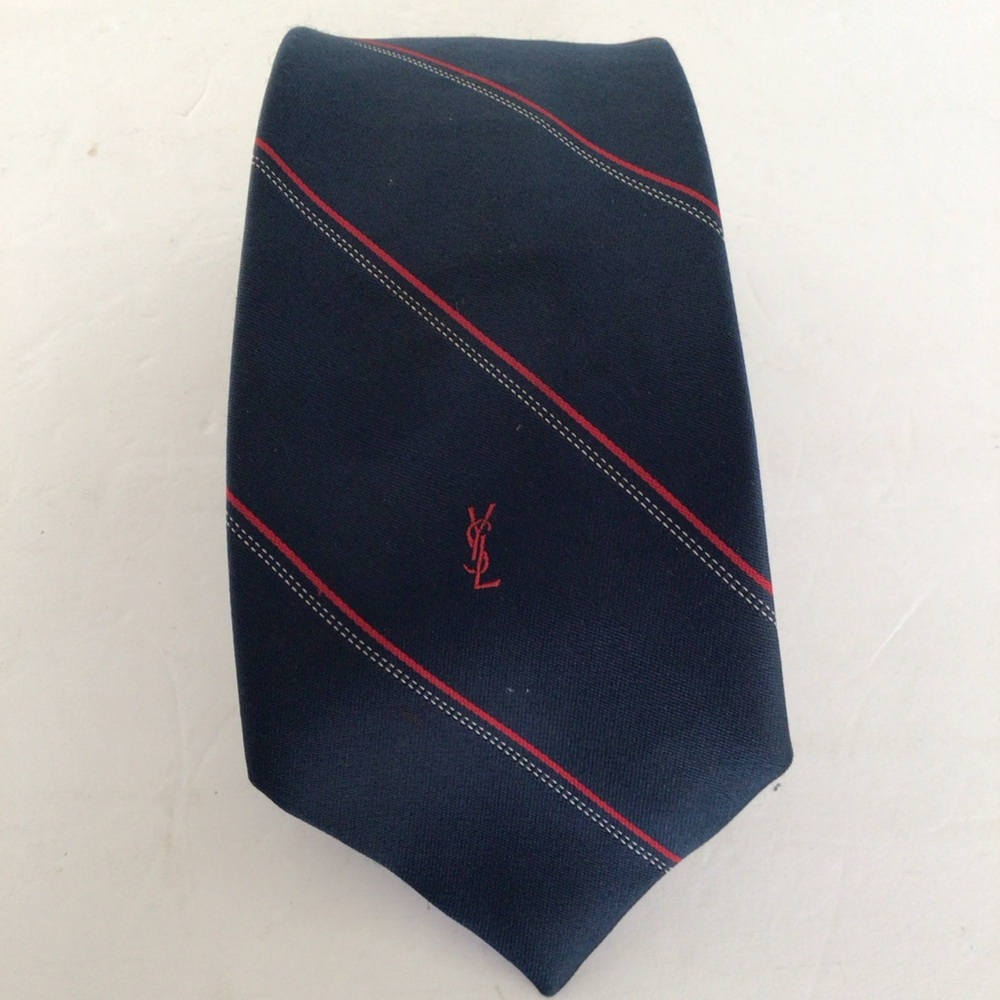 YVES Saint Laurent logo Navy Blue Striped Men's Silk Tie